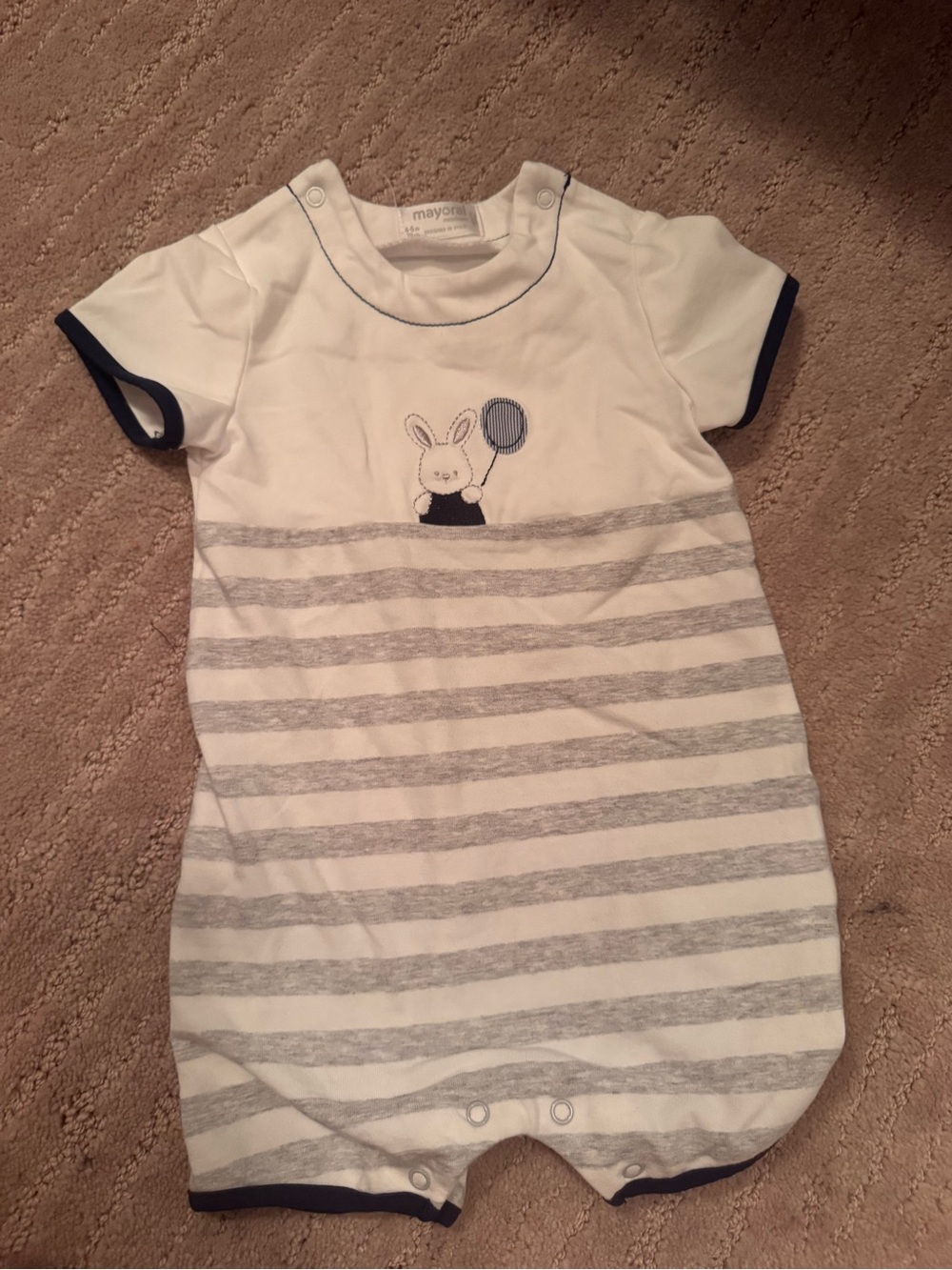 Mayoral White, Gray & Navy Bunny Striped Sleep Romper